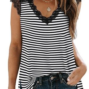 Black and white striped, crochet, lace v-neck tank top